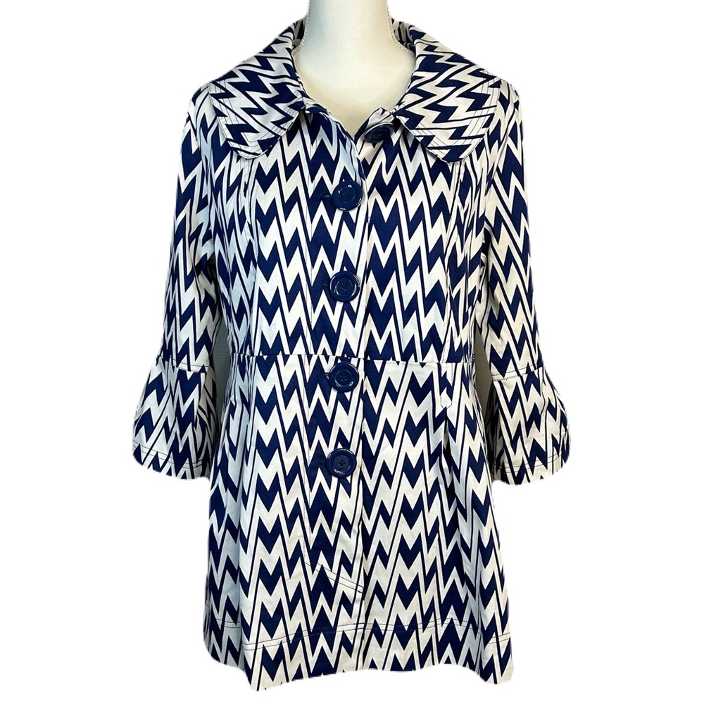 Eden Court Peplum Jacket Sz‎ L 3/4 Bell Sleeves Buttons Chevron Lightweight Blue